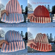 four photos showing how to crochet a light pink and light blue striped hat