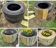 four different pictures of an old tire turned into a planter with flowers in it