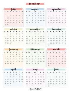 a calendar with the month numbers in different colors and months on each page, as well as