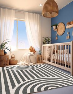 a baby's room with blue walls, white curtains and a black and white rug