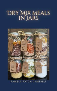 the cover of dry mix meals in jars by pamela patch cantrell, with tags on each jar