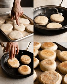 the process of making english muffins is being made in a skillet and then put into a pan