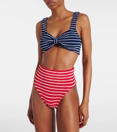 Judy striped bikini in multicoloured - Hunza G | Mytheresa Striped Triangle Top Swimwear For Beach, Striped Beachwear For Sunbathing, Striped Seamless Fitted Swimwear, Striped Fitted Seamless Swimwear, Fitted Striped Seamless Swimwear, White Swimwear With Contrast Stripes For Swimming, Striped Beachwear For Pool, Beachwear Swimwear With Contrast Stripes, Summer Contrast Stripes Swimwear For Pool