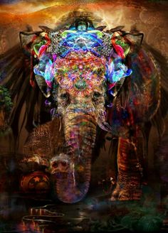 an elephant with many colors on it's head and wings, surrounded by other items