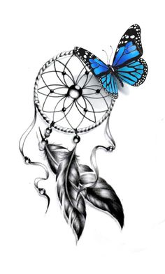 a blue butterfly sitting on top of a dream catcher