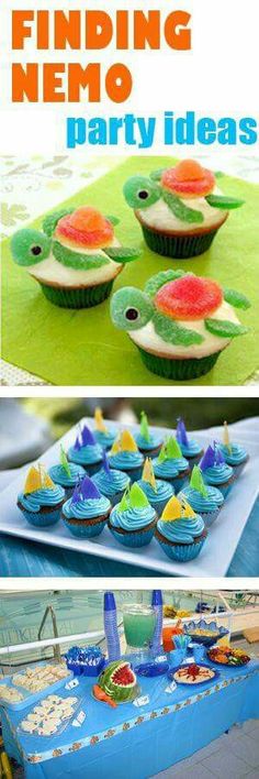 the table is decorated with cupcakes and watermelon