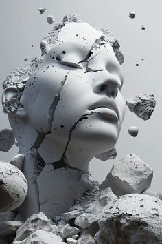 an artistic photo of a woman's face surrounded by rocks and debris in black and white