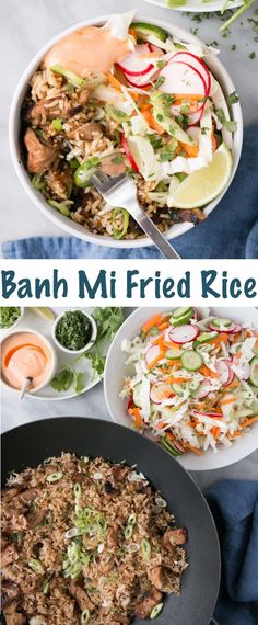 two pictures with different types of food and the words banh mi fried rice