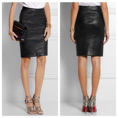 This Stunning Pencil Skirt From Joseph Is A Contemporary Twist To The Classic Black. The Black Colored Skirt Is Crafted From Lambskin Leather, Comes With A High Waist And Has A Fitted Silhouette. Team It Up With Neutral Colored Shirts Or Blouses. Ultra Luxe, Buttery Soft Lambskin Leather Black Seamed Back Side Zip Lined Measures Approximately: Waist 14” Flat Across Length 23” Hip 16.5” Sleek Black Leather Pencil Skirt, Luxury Sleek Leather Pencil Skirt, Formal Leather Knee-length Pencil Skirt, Sleek Knee-length Faux Leather Skirt, Black Faux Leather Knee-length Pencil Skirt, Leather Pencil Skirt, Fitted Silhouette, Lambskin Leather, Side Zip