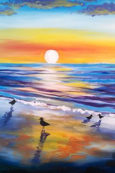 a painting of birds on the beach at sunset