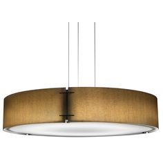 a light fixture with a brown shade on the bottom and two lights hanging from it