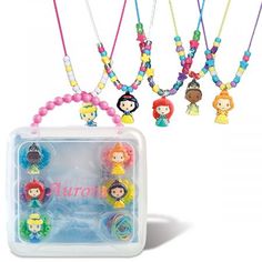 the little mermaid necklaces are packaged in a plastic case and have beads on them