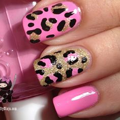 Gold Leopard Nails, Pink Leopard Nails, Leopard Print Nail Art, Print Nail Art, Cheetah Nails, Pink Gel