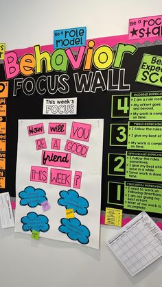 a bulletin board that has been decorated with posters and stickers on it, including the words behavior focus wall