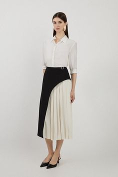 Tailored Buckle Detail Pleated Midi Skirt | Karen Millen Workwear Capsule Wardrobe, Skirt Collection, Ibiza Outfits, Paris Outfits, Bandeau Dress, Polka Dress, Asymmetrical Skirt, Midi Skirts, Pleated Midi Skirt