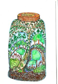 a drawing of a jar with trees in it