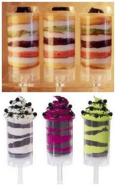 four different desserts in plastic containers on sticks