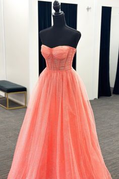 Strapless Coral A-line Long Formal Dress Coral Pink Prom Dress, Peach Prom Dress Coral, Coral Prom Dresses, Peach Prom Dress, Peach Prom Dresses, Coral Gown, Long Corset, Coral Prom Dress, Poofy Dress