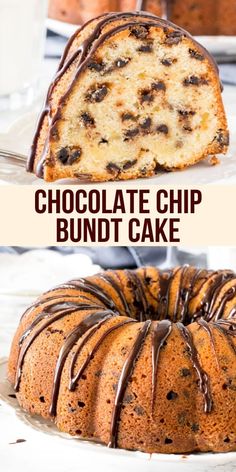 chocolate chip bundt cake on a white plate with text overlay that says chocolate chip bundt cake