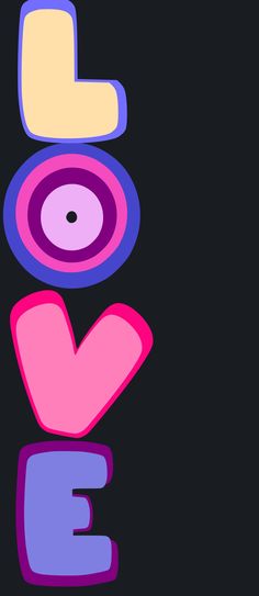 the word love is made up of different shapes and colors on a black background with a pink heart