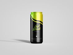 a can of soft drink on a grey background with the word soft drink written in green