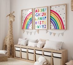 a child's room with toys and artwork on the wall