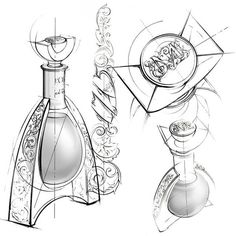 an ink drawing of a bottle and its contents