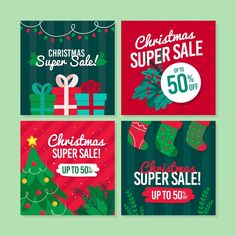 four christmas sale banners with presents and gifts on green background, flat lay style illustration