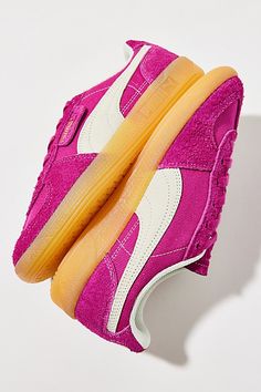 Iconic Puma shoes straight from the Puma archives in a retro style. Classic terrace shoe with a T-toe construction. Features Puma Palermo Vintage sneakers Retro Puma shoes Colored suede sneakers Paneled upper Grippy rubber outsole Lace-up sneaker style Content + Care Suede, leather, textile, rubber Spot clean Imported | Puma Palermo Vintage Sneaker in Magenta Gleam/Frosted Ivory, Women's at Urban Outfitters Vintage Sneakers Retro, Puma Palermo, Purple Fits, Men's Shoes Accessories, Sneaker Style, Vintage Sneakers, Puma Shoes, Pumas Shoes, Women Men Shoes