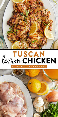 Get ready for a family-friendly dinner! Grilled to perfection in a garlic lemon herb marinade, these Tuscan chicken thighs are moist, tender, and juicy. Save this Tuscan lemon chicken recipe and try this main course idea! Tuscan Lemon Chicken, Tuscan Chicken Recipe, Lemon Chicken Thighs, Lemon Chicken Recipe, Spring Dinner, Tuscan Chicken, Mediterranean Diet Recipes, Chicken Dishes Recipes