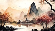 a painting of mountains, trees and water