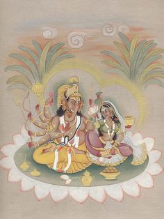 Ganesh seated with consort Painting For Diwali, Diwali Art, Mythology Paintings, Buddhist Art Drawing, Indian God, Ancient Paintings, Lord Hanuman Wallpapers