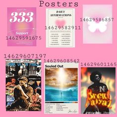 some posters and numbers on a pink background