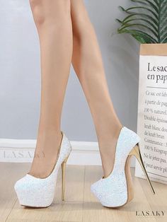 Lasaky - Stylish Womens Platform Heels with Dazzling Glitter Effect Closed Toe Glitter Wedding Shoes For Party, Glitter Wedding Shoes With Closed Toe, White Sparkling Glamorous Heels, Glamorous Sparkling White Heels, Glamorous White Sparkling Heels, Glitter Round Toe Wedding Shoes For Party Season, White Glitter Party Heels, High Heel Sequin Wedding Shoes For Party, Sequin High Heel Party Wedding Shoes