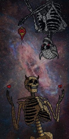 the skeleton is flying through the sky with two hearts in his hand and another bird above him