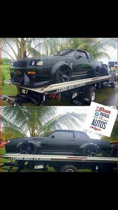 two pictures of the same car being towed on a flatbed tow truck with an ad for autos