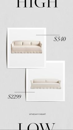 two white couches are shown with the price label below it and below each one