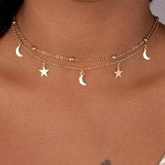 Preppy Jewelry, Pretty Jewelry Necklaces, Diamond Necklaces, Dope Jewelry, Classy Jewelry, Double Chain, Chain Choker Necklace, Cute Necklace, Moon Star