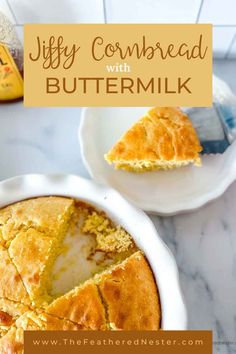 a piece of cornbread with buttermilk in a white dish on a marble counter