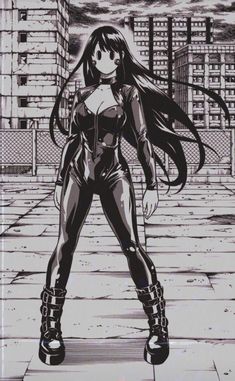 an anime character with long hair and boots standing on the sidewalk in front of tall buildings