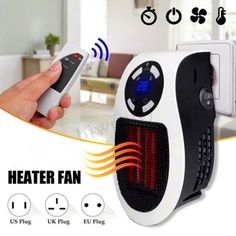 an electric heater with the words handy heated fan on it's front and side