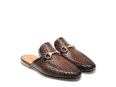 The Pachino Woven is a luxurious mule bit loafer. This contemporary design is crafted with woven calfskin leather and features a metal bit and open heel for ease of access. With a padded insole and stacked heel this slide loafer provides substantial comfort for any occasion. Luxury Woven Leather Slip-on Loafers, Formal Brown Woven Leather Loafers, Luxury Woven Leather Mules, Elegant Formal Mules With Woven Sole, Elegant Brown Woven Leather Loafers, Chic Formal Mules With Woven Leather, Elegant Leather Mules With Woven Sole, Chic Formal Woven Leather Mules, Formal Woven Leather Mules