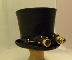 Black Leather Steampunk Top Hat, Adjustable Leather Steampunk Top Hat, Punk Hat, Cog Wheel, Aviator Goggles, Brass Decoration, Hat Wall, Gothic Tops, Decoration Vintage