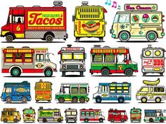 an assortment of food trucks with music notes on them, all in different colors and sizes