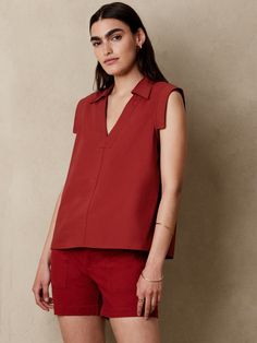 Deep V-Neck Collar Top | Banana Republic Factory Modern V-neck Tops For Summer, Solid Color V-neck Short Sleeve Top With Relaxed Fit, Versatile Short Sleeve V-neck Top For Work, Solid Color Relaxed Fit V-neck Short Sleeve Top, Solid Color Relaxed Fit Short Sleeve V-neck Top, Spring V-neck Short Sleeve Top For Work, Relaxed Fit Solid Color V-neck Short Sleeve Top, Modern Relaxed Fit V-neck Top, Modern Solid Color V-neck Tops