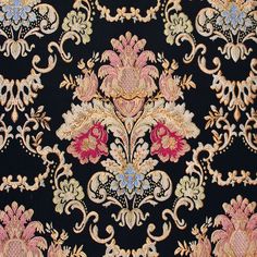 an ornate black and gold wallpaper with red, blue, yellow and pink flowers