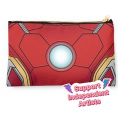 a red and yellow zippered pouch bag with an image of the iron man face