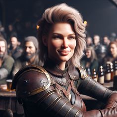 a woman dressed in armor sitting at a table with beer bottles and people behind her