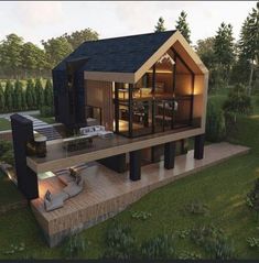 an artist's rendering of a modern house in the middle of a wooded area