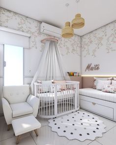 a baby's room is decorated in white and pink